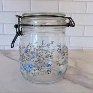 Vintage 80’s Cottagecore Arcoroc Glass Canister Jar from France, Blue Flower